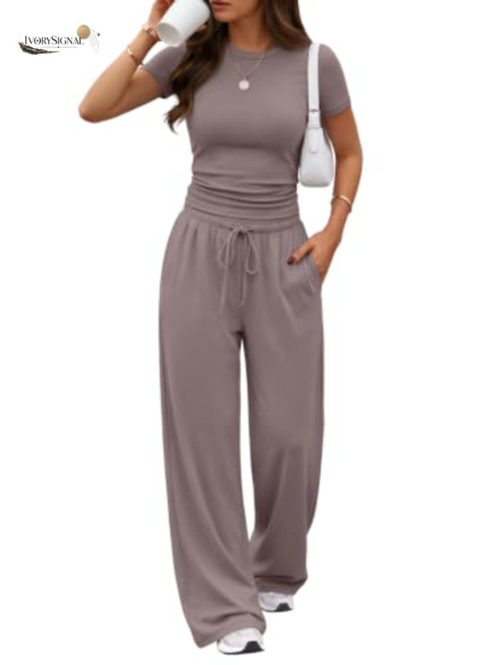 Women's 2 Piece Lounge Set with Pockets Wide Leg Pants Short Sleeve